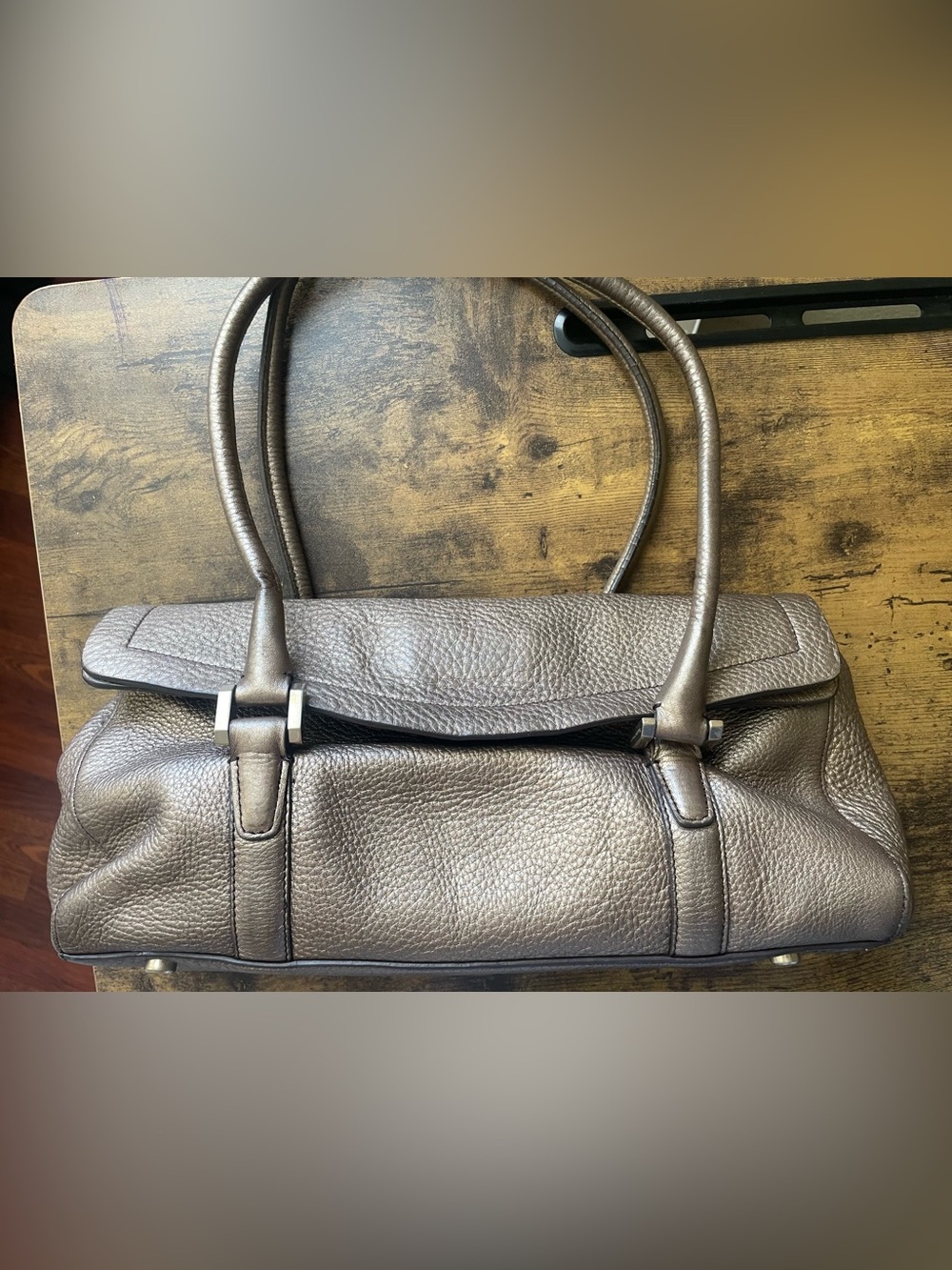 Vintage Metallic Brown Leather Tote Handbag
